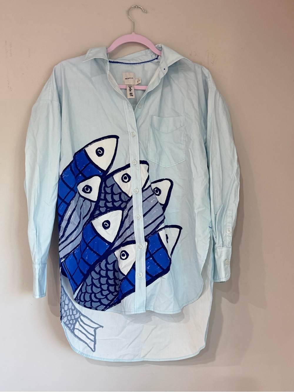 Anthropologie Bennet Sardine Print Button-Down Shirt Blue XS - Picture 2 of 6